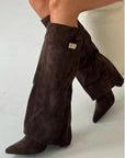 Womens Suede Boots High Shaft Black Genuine Suede Comfortable Block Heel Zipper 8