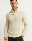 Mens Pullover Sweater Cream Soft Fabric High Neck Button Details Woven Knit 6