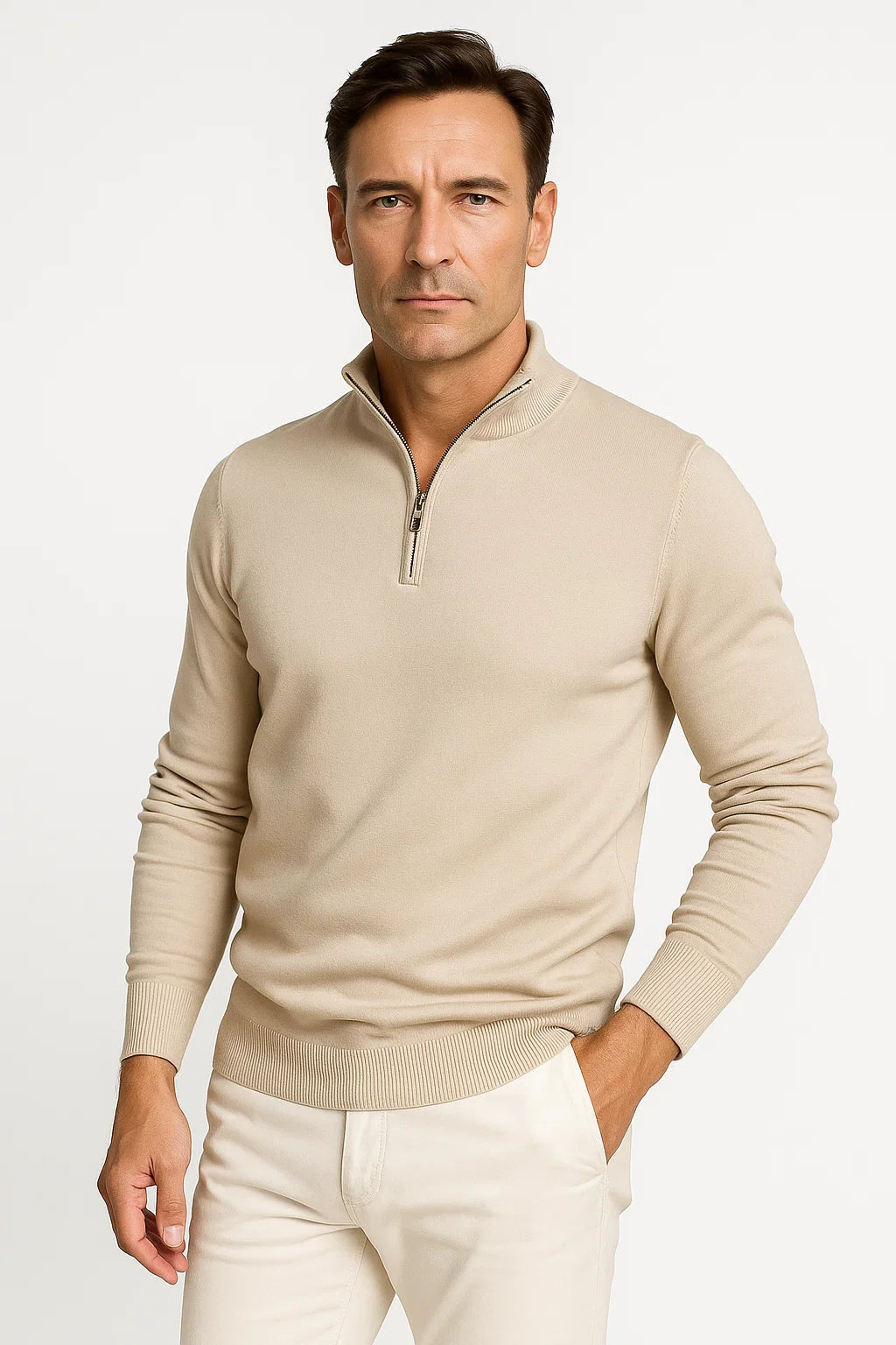 Men's Quarter Zip Sweater in Cotton Blend - Classic Fit, Minimalist Design for Smart Casual Wear 5