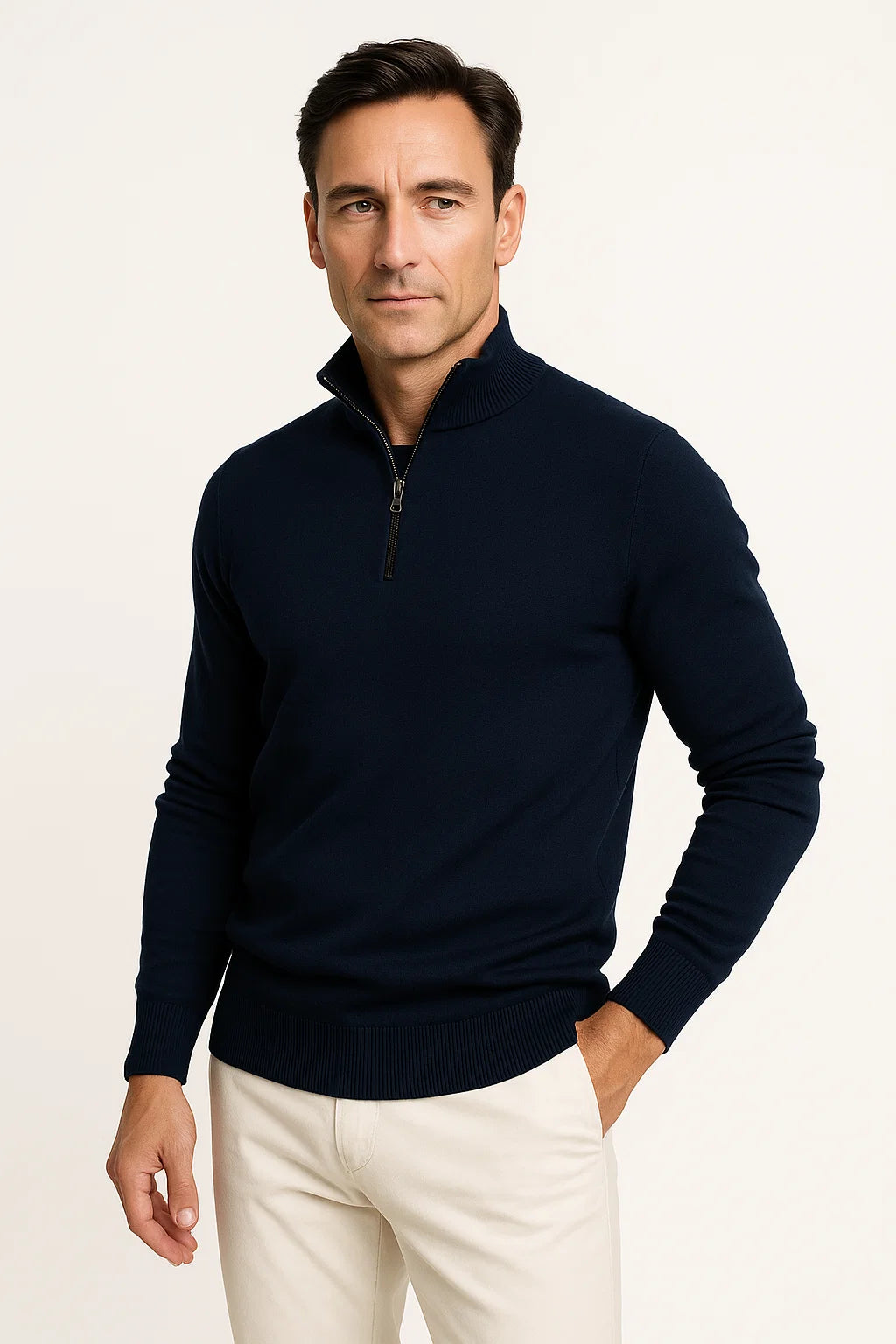 Men's Quarter Zip Sweater in Cotton Blend - Classic Fit, Minimalist Design for Smart Casual Wear 6