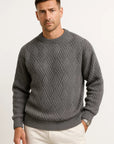 Mens Sweater Grey Knitted Pattern Soft Yarn Relaxed Fit Ribbed Round Neck 1