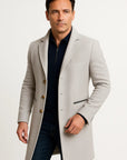 Mens Trench Coat Light Grey Tailored Mid-Length Button Front Notch Collar 1