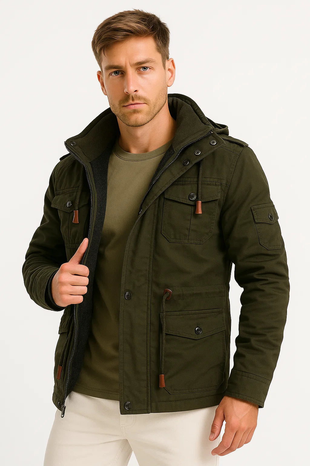 Men's Army Green Fleece Thermal Hooded Jacket - Casual Winter Jacket for Outdoor Activities 5
