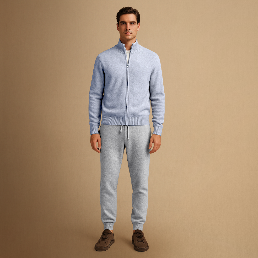 Men's Knitwear Set Merino Wool Full-Zip Cardigan and Jogger Pants