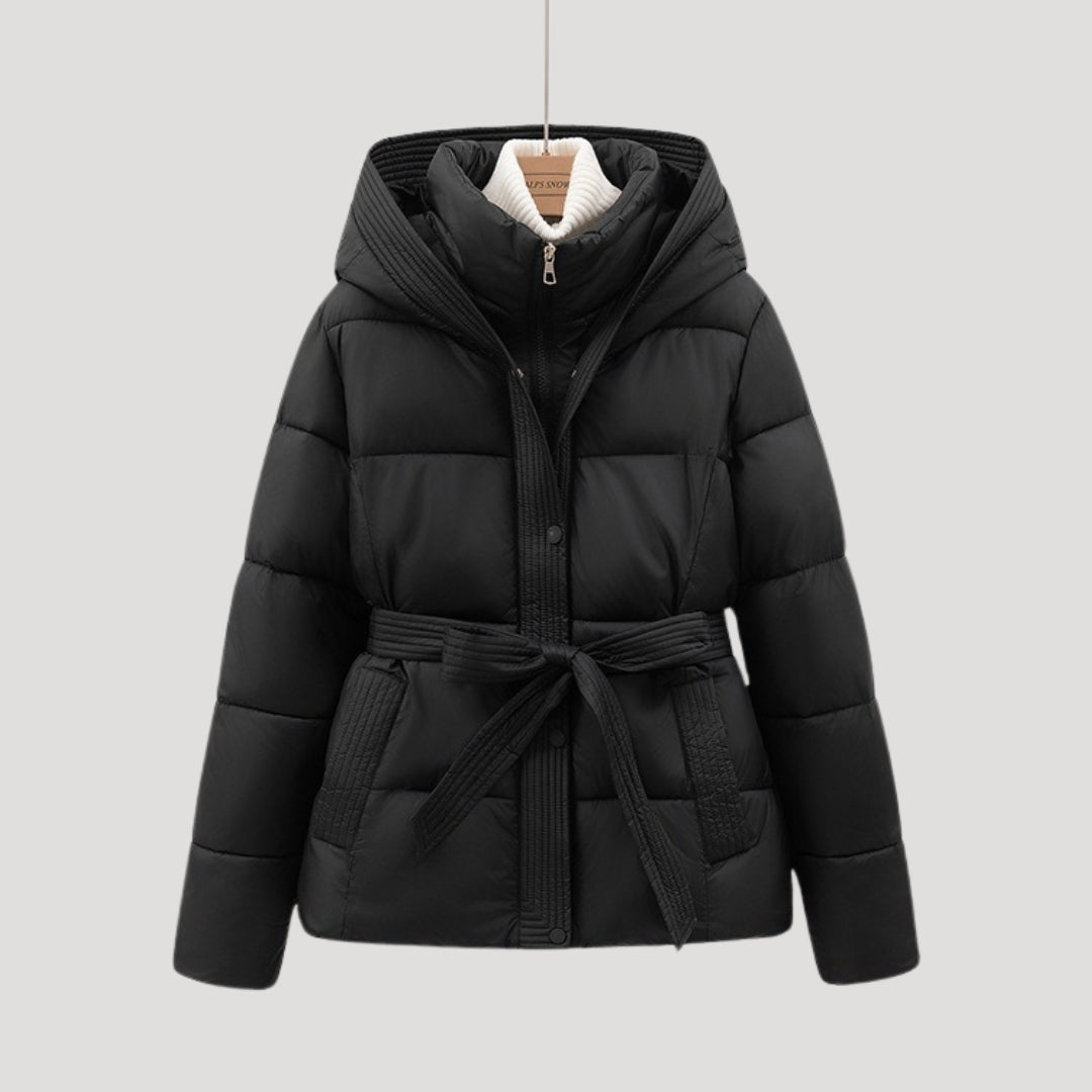 Women's Black Puffer Jacket Synthetic Hooded Winter Coat