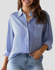 Women's Blouse Cotton-Linen Blend Long Sleeve Striped 0