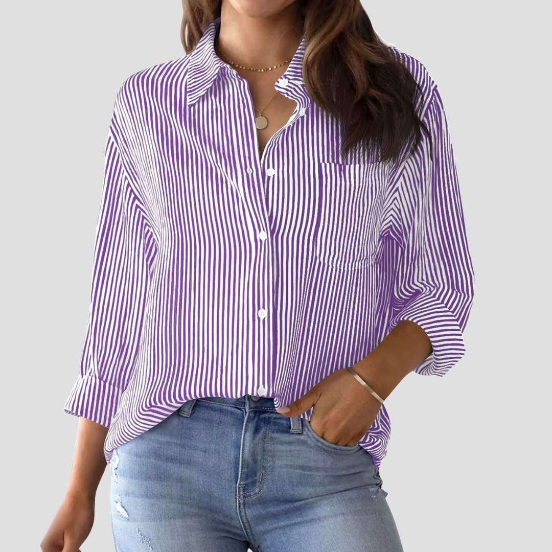 Women's Blouse Cotton-Linen Blend Long Sleeve Striped 7