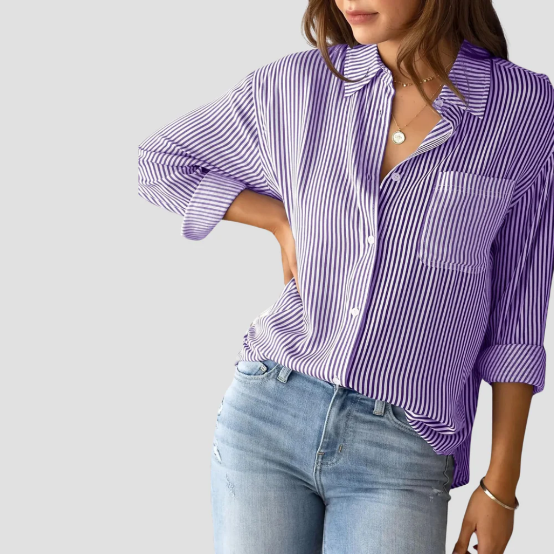 Women's Blouse Cotton-Linen Blend Long Sleeve Striped 8