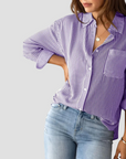 Women's Blouse Cotton-Linen Blend Long Sleeve Striped 8
