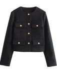 Women's Cropped Jacket Tweed Long Sleeve Elegant Coat