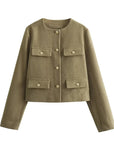 Women's Cropped Jacket Tweed Long Sleeve Elegant Coat