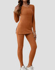 Women's Knitted Co Ord Set Ribbed Long Sleeve Top and Trousers 0