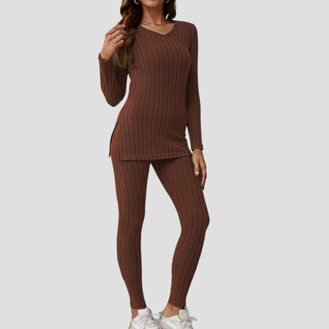 Women's Knitted Co Ord Set Ribbed Long Sleeve Top and Trousers 10