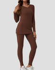 Women's Knitted Co Ord Set Ribbed Long Sleeve Top and Trousers 10