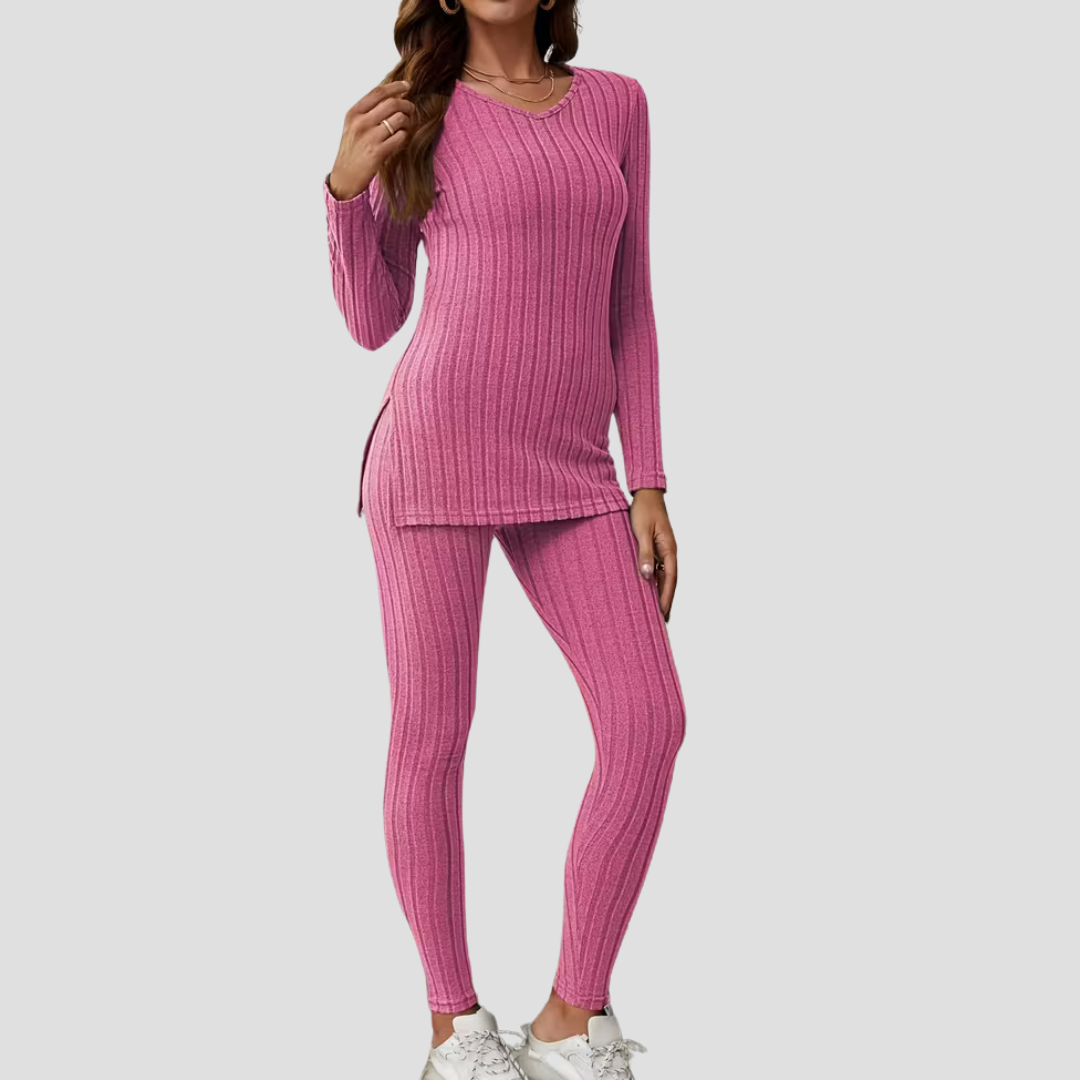 Women's Knitted Co Ord Set Ribbed Long Sleeve Top and Trousers 11