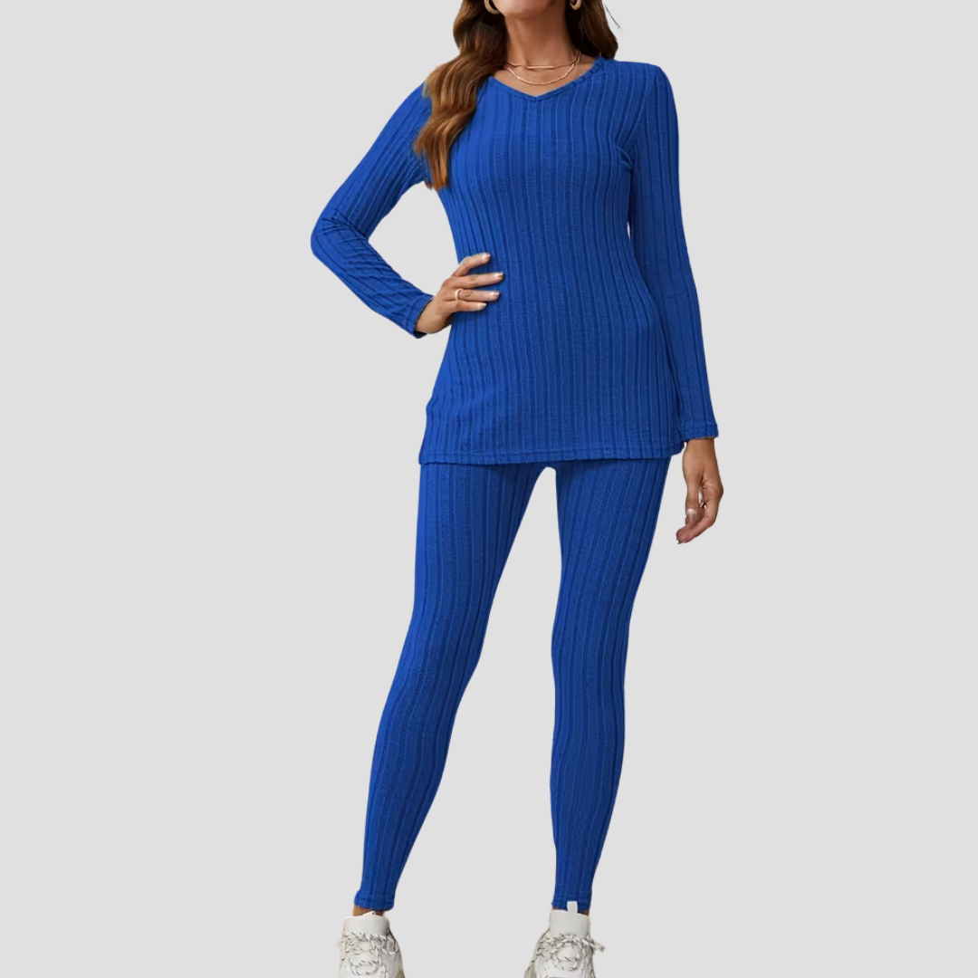 Women's Knitted Co Ord Set Ribbed Long Sleeve Top and Trousers 12