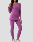 Women's Knitted Co Ord Set Ribbed Long Sleeve Top and Trousers 2