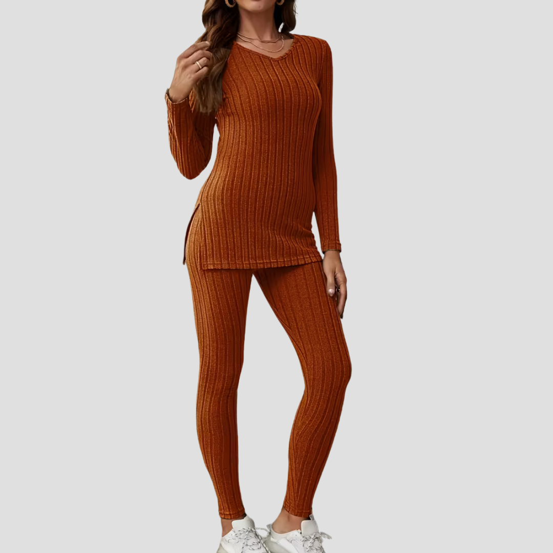 Women's Knitted Co Ord Set Ribbed Long Sleeve Top and Trousers 6