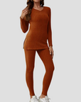 Women's Knitted Co Ord Set Ribbed Long Sleeve Top and Trousers 6
