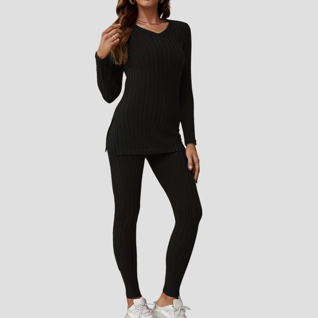 Women's Knitted Co Ord Set Ribbed Long Sleeve Top and Trousers 7