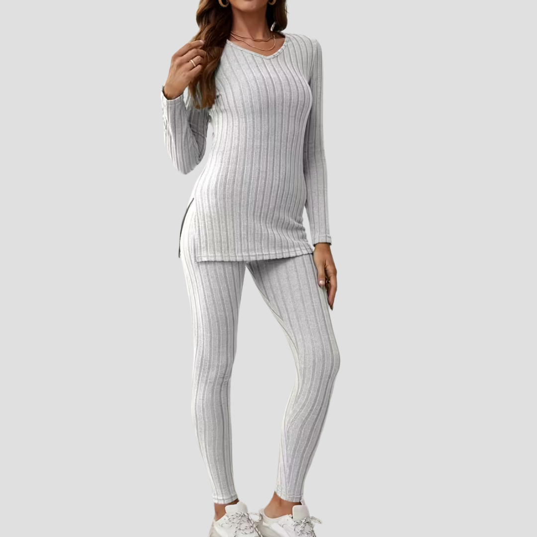 Women's Knitted Co Ord Set Ribbed Long Sleeve Top and Trousers 8