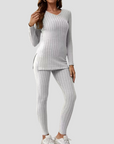 Women's Knitted Co Ord Set Ribbed Long Sleeve Top and Trousers 8