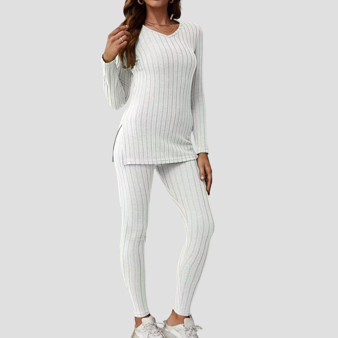 Women's Knitted Co Ord Set Ribbed Long Sleeve Top and Trousers 9