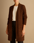 Women's Long Cardigan Black Cable Knit Cozy Layer with Hood and Pockets 0