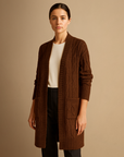 Women's Long Cardigan Black Cable Knit Cozy Layer with Hood and Pockets 2