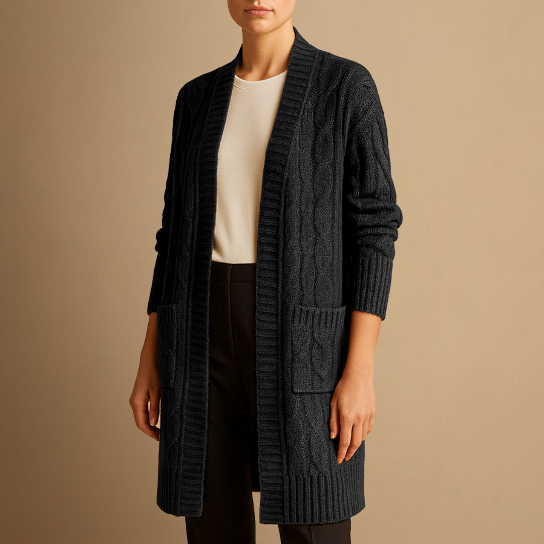Women's Long Cardigan Black Cable Knit Cozy Layer with Hood and Pockets 7