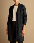 Women's Long Cardigan Black Cable Knit Cozy Layer with Hood and Pockets 7