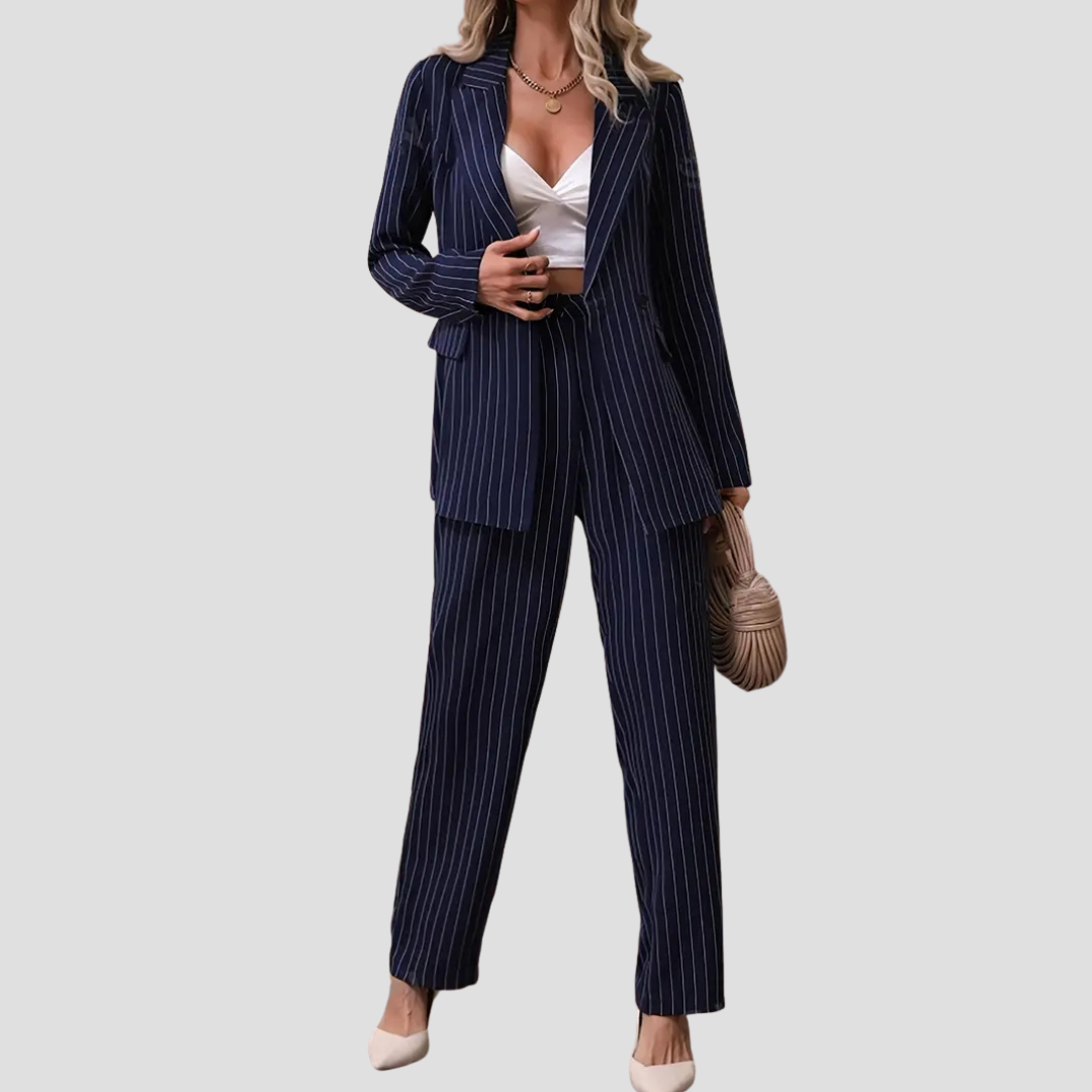 Women's Suit Set Pinstripe Blazer Trousers Two-Piece Ensemble 0