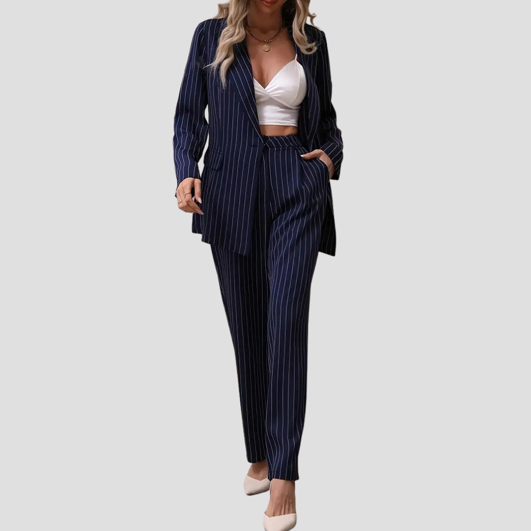 Women's Suit Set Pinstripe Blazer Trousers Two-Piece Ensemble 4