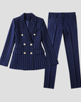 Women's Suit Set Polyester Pinstripe Double-Breasted Blazer Trousers 1