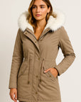 Womens Winter Jacket Grey Polyester Long Hooded Button Detail Fleece-Lined Comfortable and Stylish 2
