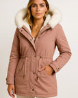 Womens Winter Jacket Grey Polyester Long Hooded Button Detail Fleece-Lined Comfortable and Stylish 4