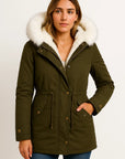 Womens Winter Jacket Grey Polyester Long Hooded Button Detail Fleece-Lined Comfortable and Stylish 5