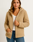 Womens Coat Beige Teddy Fleece With Pockets Zipper Elegant Winter Jacket 3