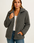 Womens Coat Beige Teddy Fleece With Pockets Zipper Elegant Winter Jacket 7