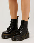 Womens Black Chunky Combat Boots – High Platform Leather Look with Lace-up & Side Zip Closure 1