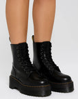 Womens Black Chunky Combat Boots – High Platform Leather Look with Lace-up & Side Zip Closure 2