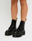 Womens Black Chunky Combat Boots – High Platform Leather Look with Lace-up & Side Zip Closure 3