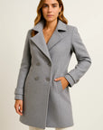 Women's Double-Breasted Grey Trench Coat, Faux Wool Blend A-Line Jacket with Pockets for Fall 2
