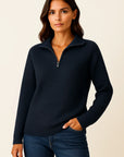 Womens Pullover V-Neck Half-Zip Black Viscose Elastane Elegant Casual 6