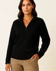 Womens Pullover V-Neck Half-Zip Black Viscose Elastane Elegant Casual 4