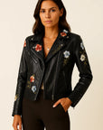 Womens Leather Jacket Black Faux Leather Form-fitting With Embroidered Details Elegant Cut 3