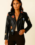 Womens Leather Jacket Black Faux Leather Form-fitting With Embroidered Details Elegant Cut 4