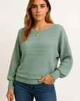 Womens Sweatshirt Gray Batwing Sleeves Boat Neck Casual Top 1
