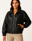 Women's Faux Leather Jacket Retro Loose Fit Short Zip Coat
