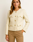 Women's Cropped Jacket Tweed Long Sleeve Elegant Coat